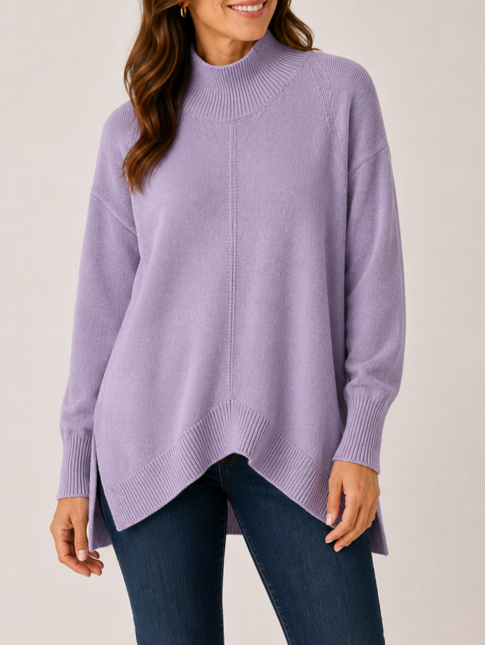 Maeve Anthropologie Small Lavender Mock Neck Sweater V Hem Tunic Knit Top Casual